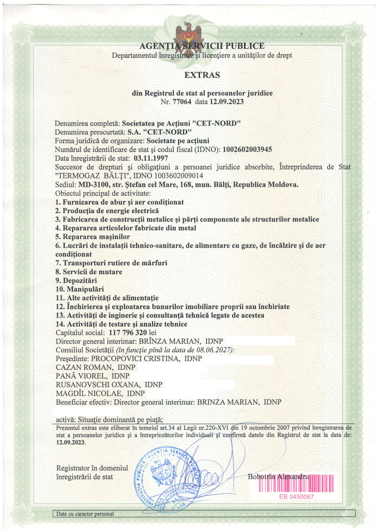 Extrasul din Registrul de stat al persoanelor juridice CET Nord SA 10-2022