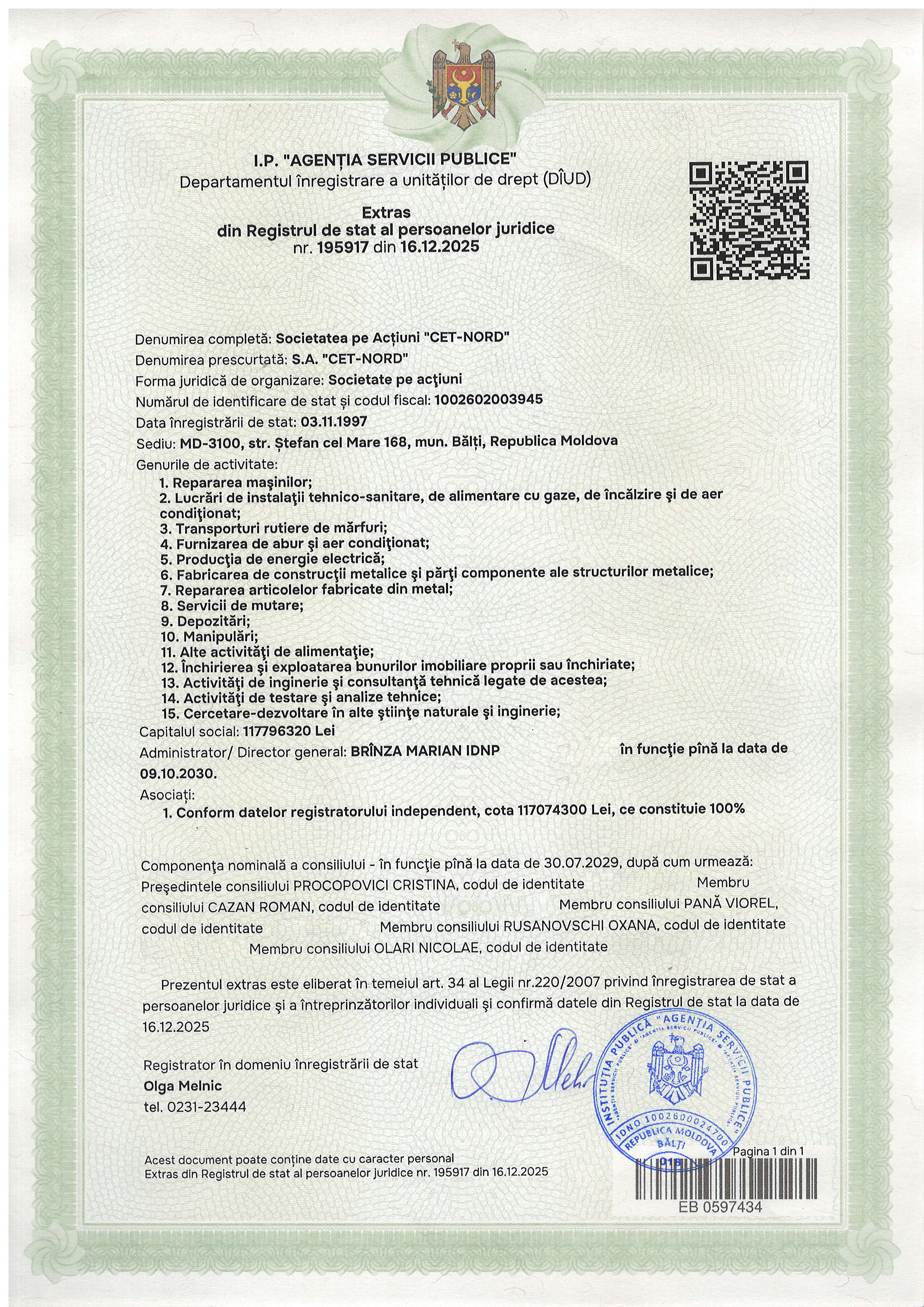 Extrasul din Registrul de stat al persoanelor juridice CET Nord SA 12-2025