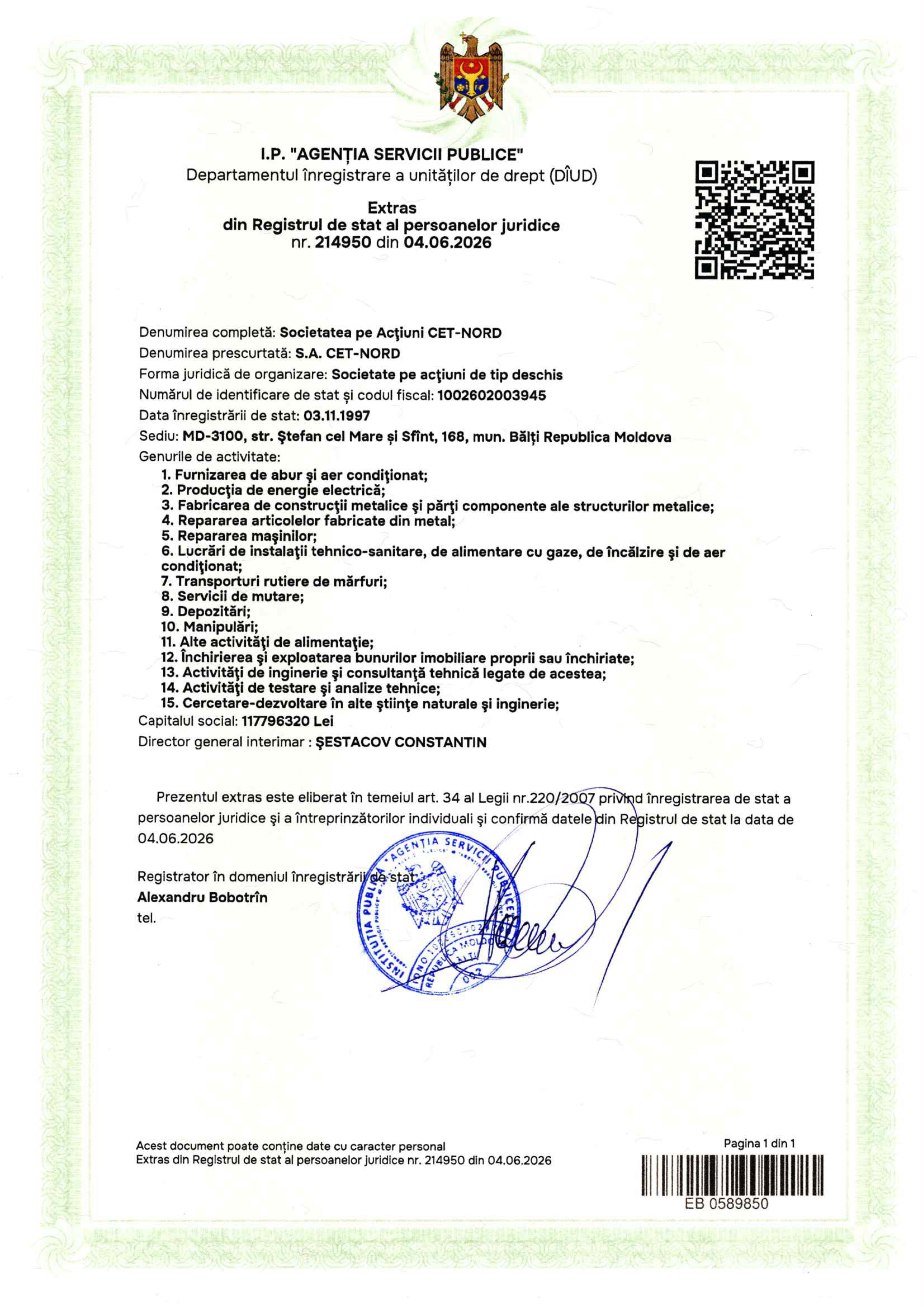 Extrasul din Registrul de stat al persoanelor juridice CET Nord SA 06-2026
